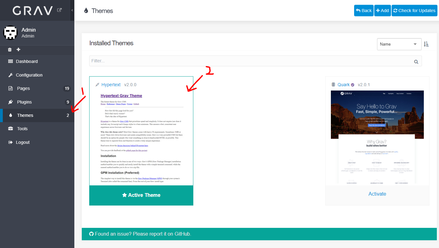 To see settings, click "Themes" in the Grav navigation, then on Smpl.
